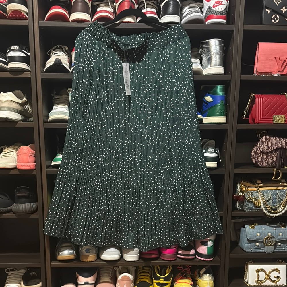 NWT Target Green White Polka Dot Pleated Midi Skirt Elastic Waist - Picture 3 of 7